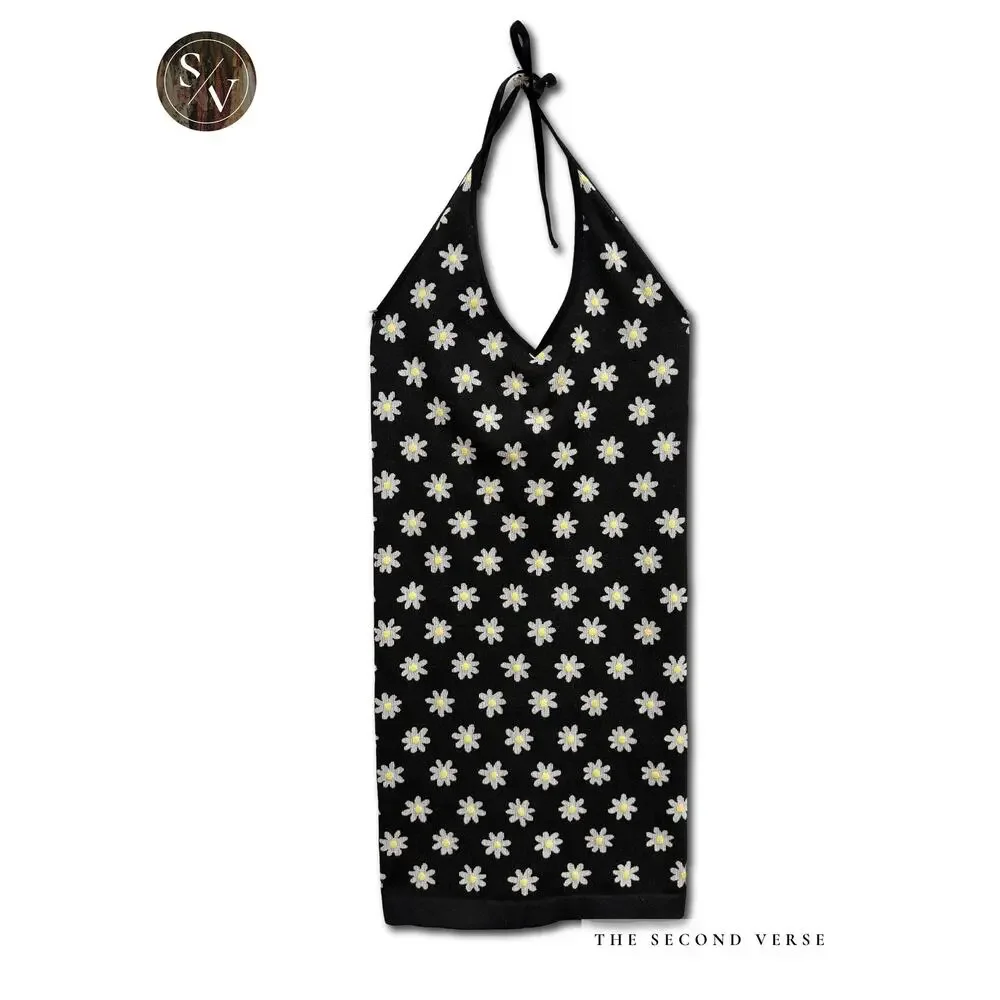 Halter Mini Dress Daisy Flower Y2K Retro Seamless Bodycon Size XS